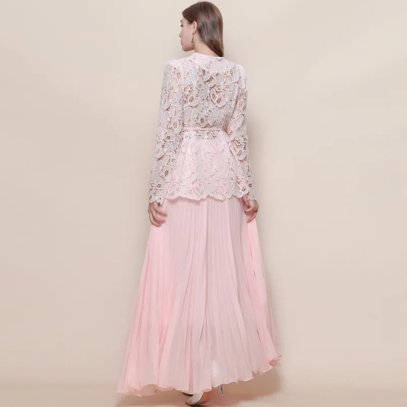 Emagrecimento V-Ne Long Sve Lace irt Conjunto feminino saia de cintura alta Csole Dr Street Sle malha fibra de poliéster