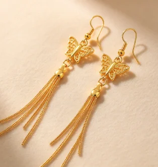 24K Gold Butterfly Tassel Earrings AU999 Full Gold, Three-dimensional Butterfly Wings Styling with Gold Chain Tassel