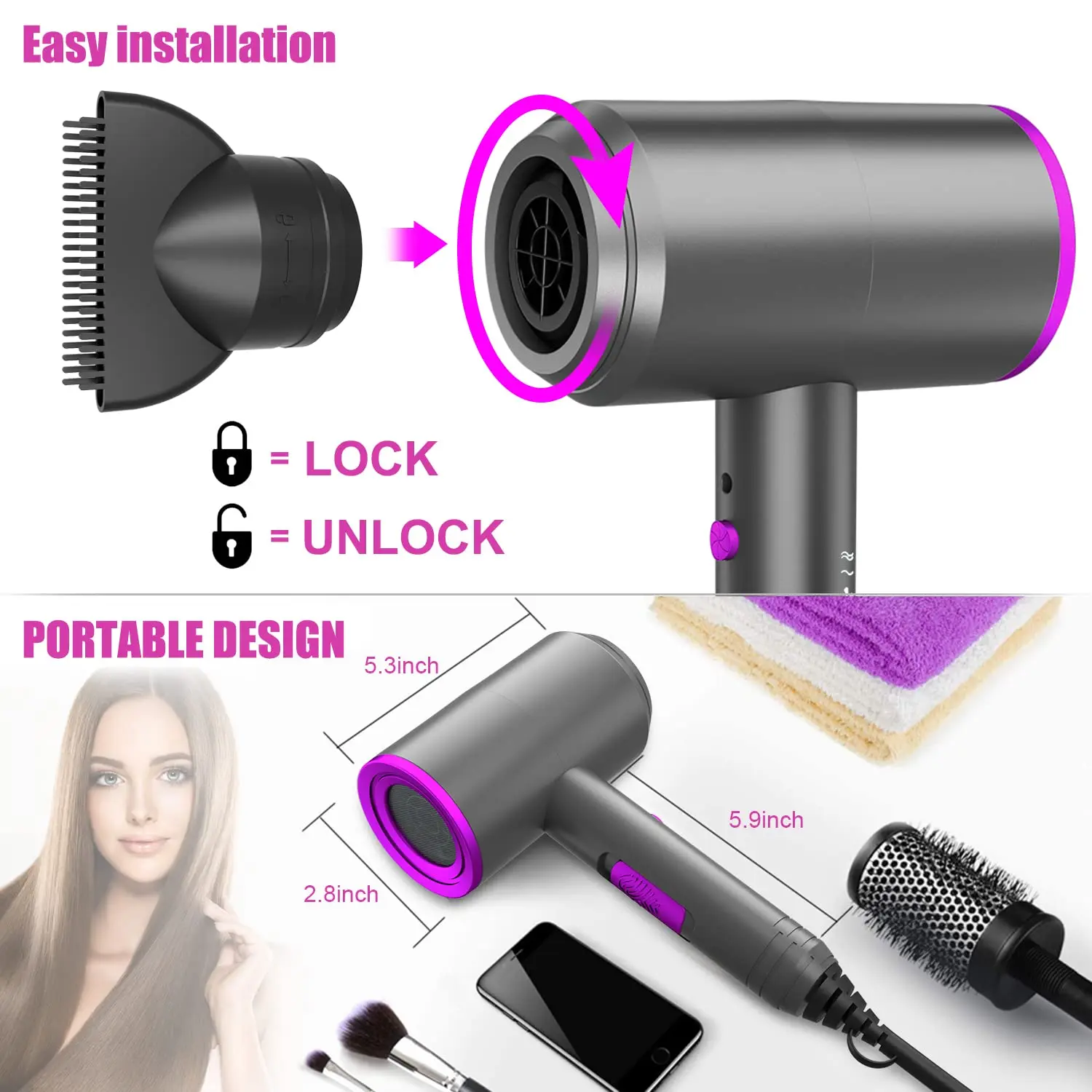 Phenitech Hair Dryer Blow Dryer Fast Drying Low Noise Constant Temperature Control Home Salon