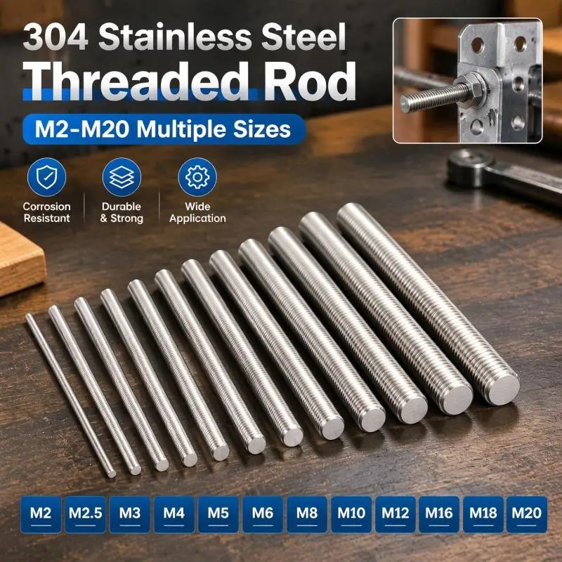 1/2pcs 304 Stainlesss Steel Threaded Rod M2-M20, 250mm/500mm Length, All Thread Stud Bar