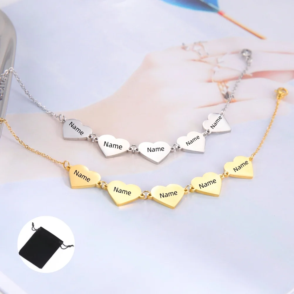Customized Name Love Bracelet Stainless Steel Personalized 5 Heart Shaped Carvings Name Date Bracelet Fashion Home Jewelry