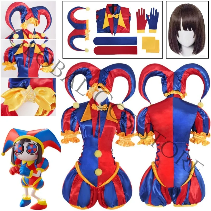 

Anime The Amazing Digital Circus Pomni Cosplay Costume Colorful Harlequin Themed Cos Set Jester Hat Props Carnival Party Suit