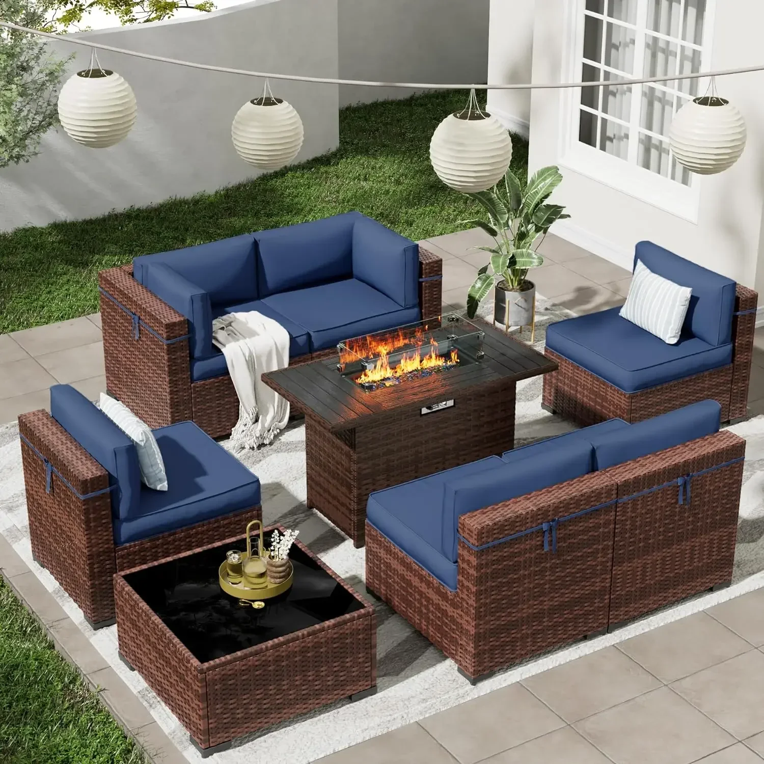 

Patio Furniture Set with 44'' Propane Gas Firepit Table, 8 PCS Outdoor Sectional Conversation Sets with High Back