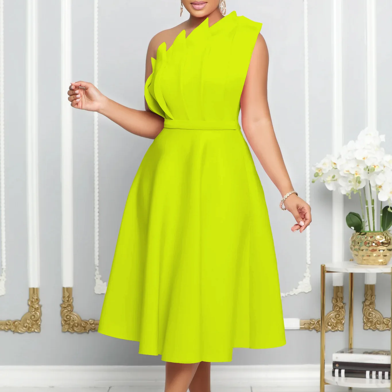 Africa Clothing Mid Length Womens Dress Gown Skew Collar One Shoulder Sleeveless Party Prom Sexy Party Evening Vestidos Splice