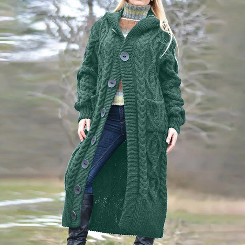 Twist Knot Pocket Loose Button Sweater Cardigan Coats Autumn Winter Female Knitted Trench Hoodie Coats