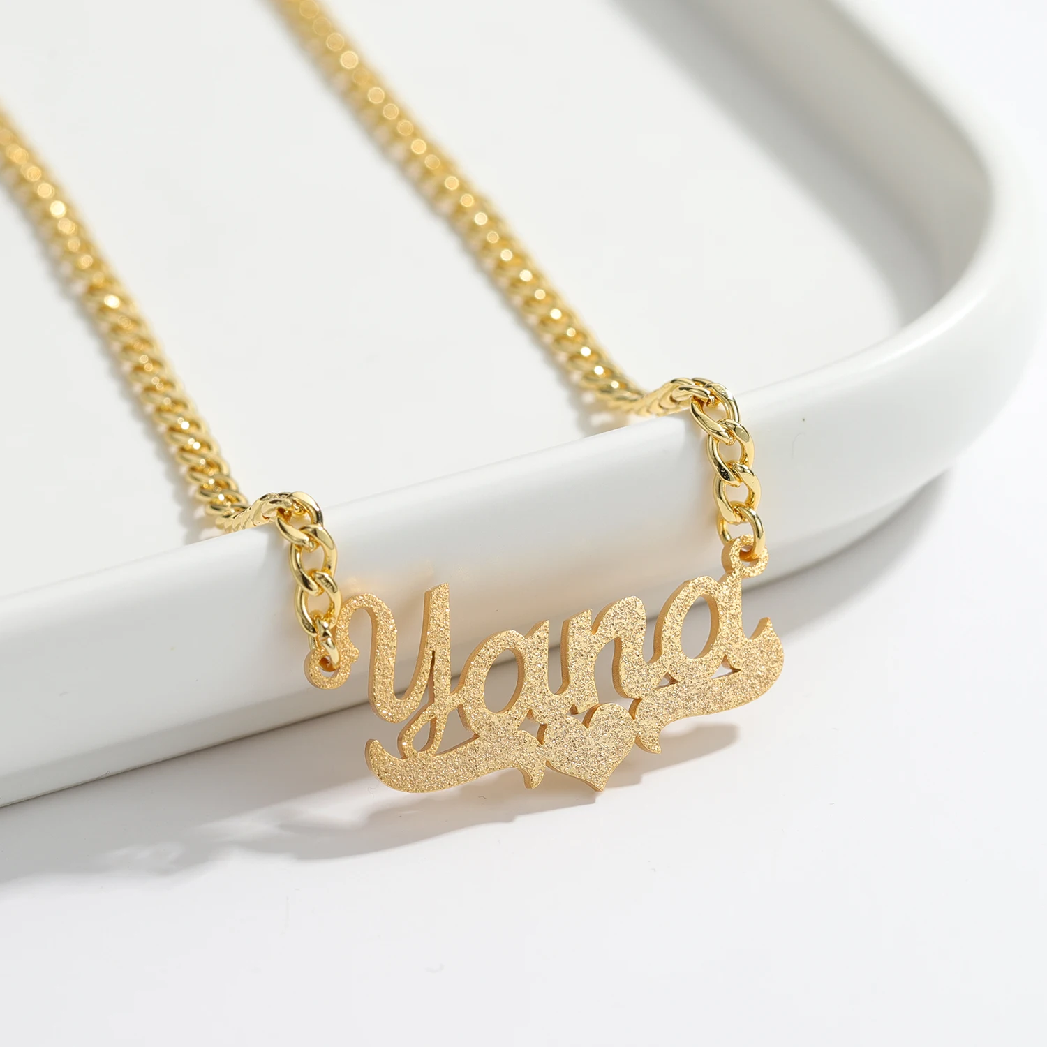 

Personalized Custom Pressed Sand Name Necklace Love Name Necklace 18K Gold Plated 2mm Cuban Chain Christmas Gift Women Jewelry