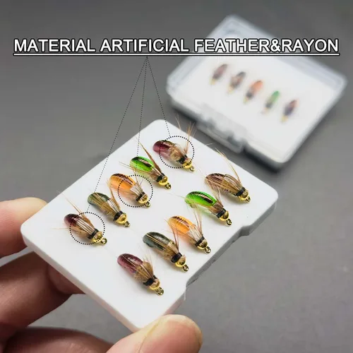 Imagen 2 del producto 5/10 Uds.-cebo de pesca de lubina de trucha con caja de moscas-cabeza de latón ninfa Multicolor-tallas # Pluma y rayón artificiales de 10 materiales