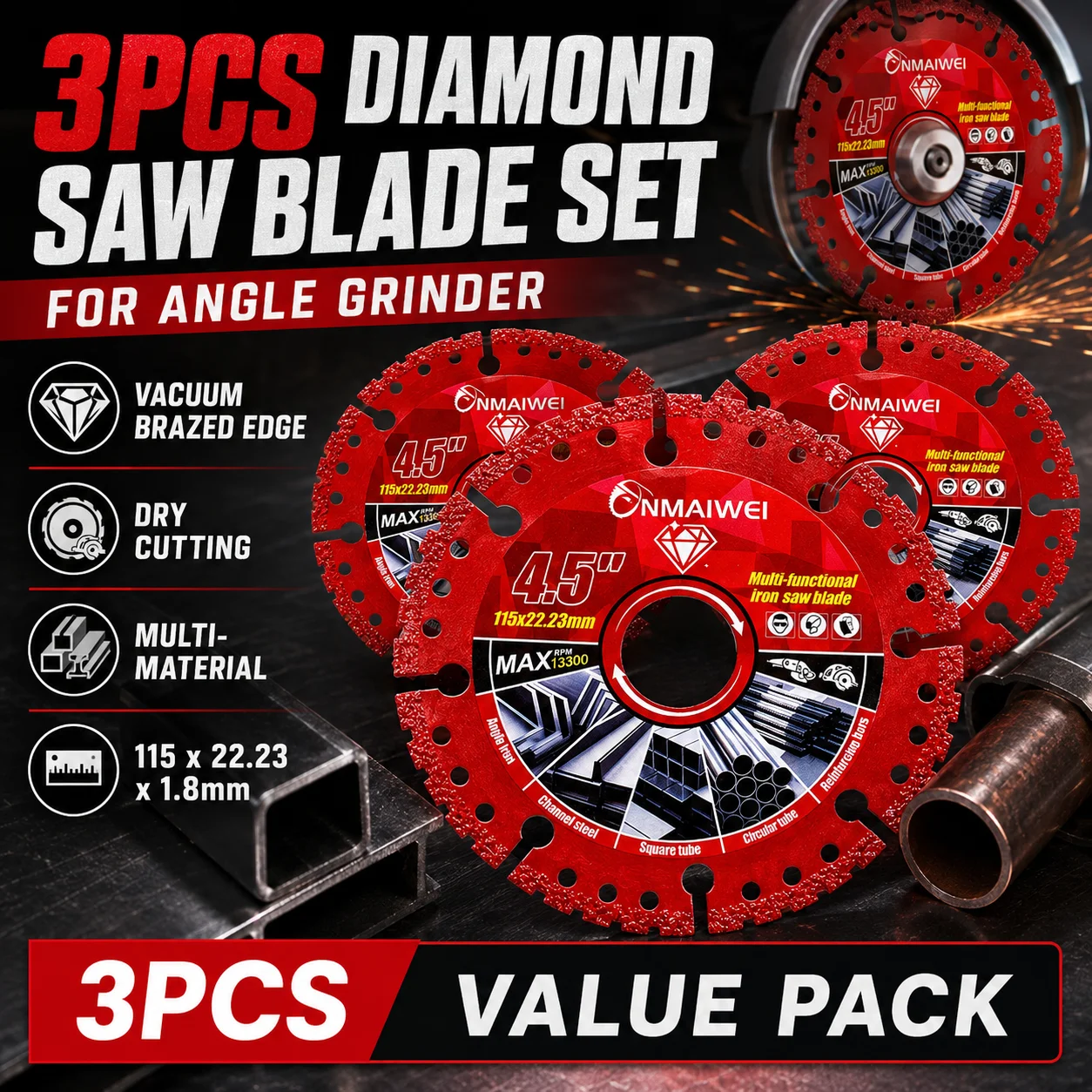 Angle Grinder 4.5 - 3PCS Diamond Saw Blade Set for