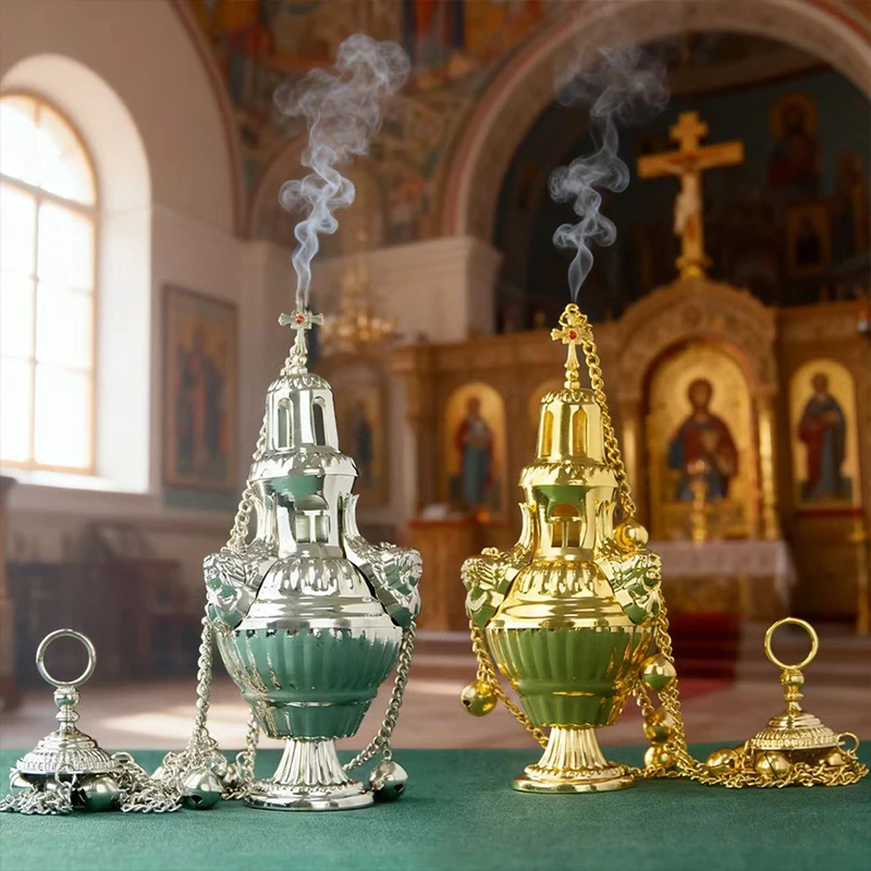 New 2026 Orthodox Church Censer Greek Hanging Incense Burner Gold Silver Plated Religious Censer With Bells Orthodox Censer Gift