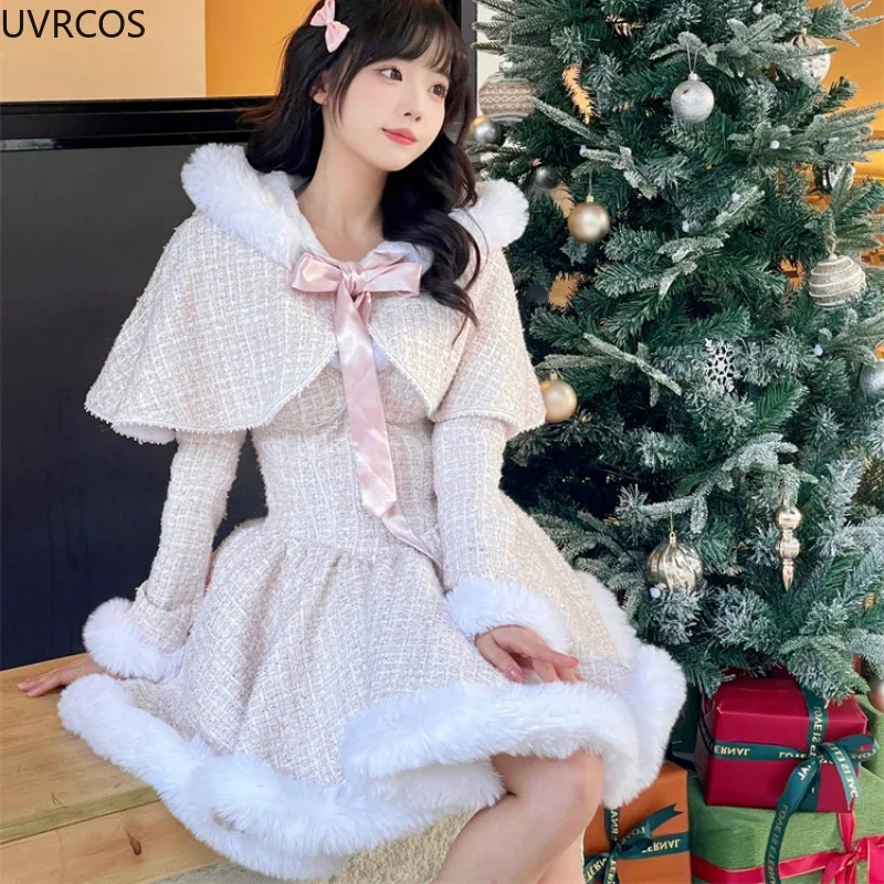 Japanese Style Elegant Tweed Plaid Dress Sets Women Plush Hooded Shawl Short Jackets Mini Skirts Kawaii Christmas New Year Suit