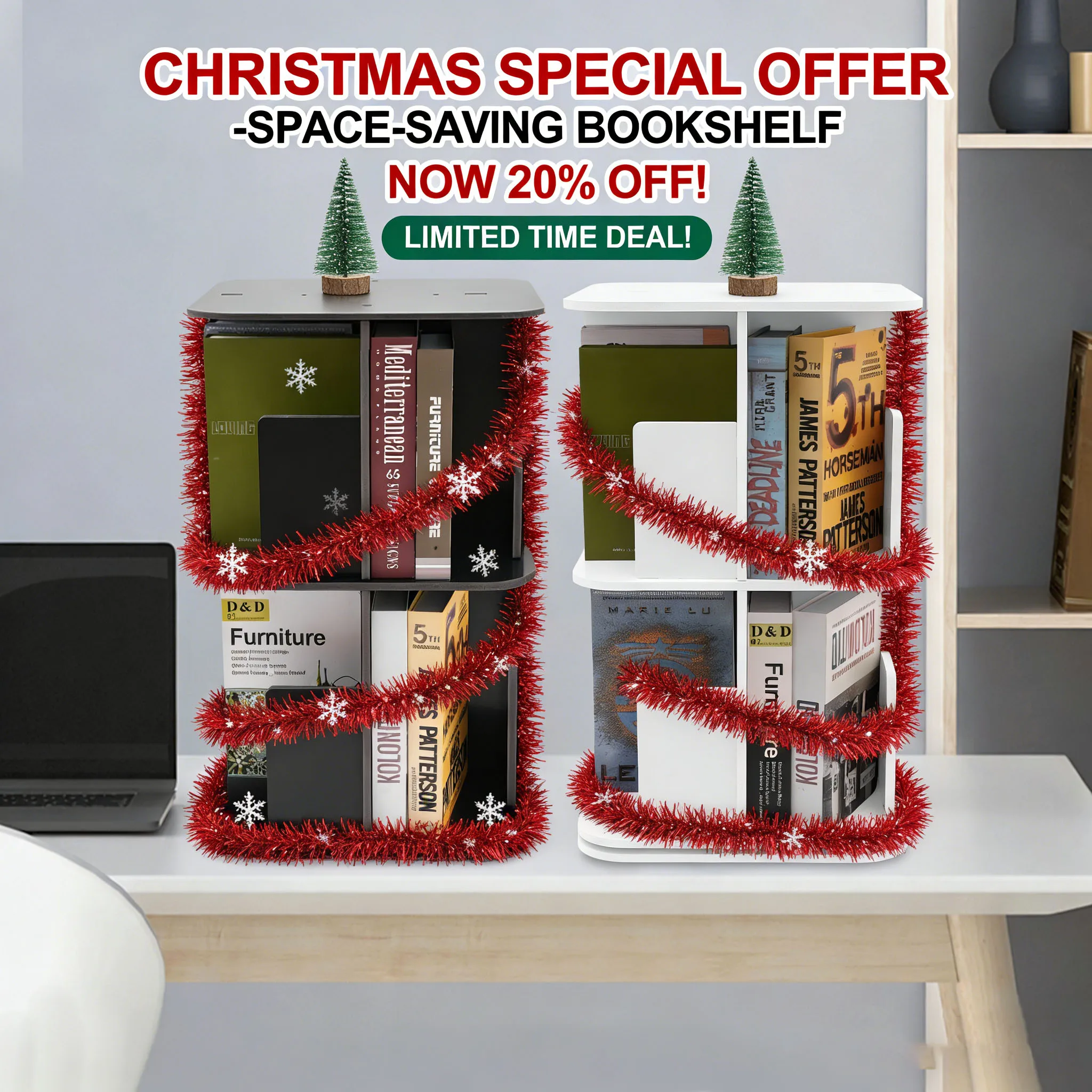 

Bookshelf, Desktop Bookshelf, White 2-Tier Rotating Bookshelf with Square Base, 360 Degree Swivel Design for Christmas Gift, New