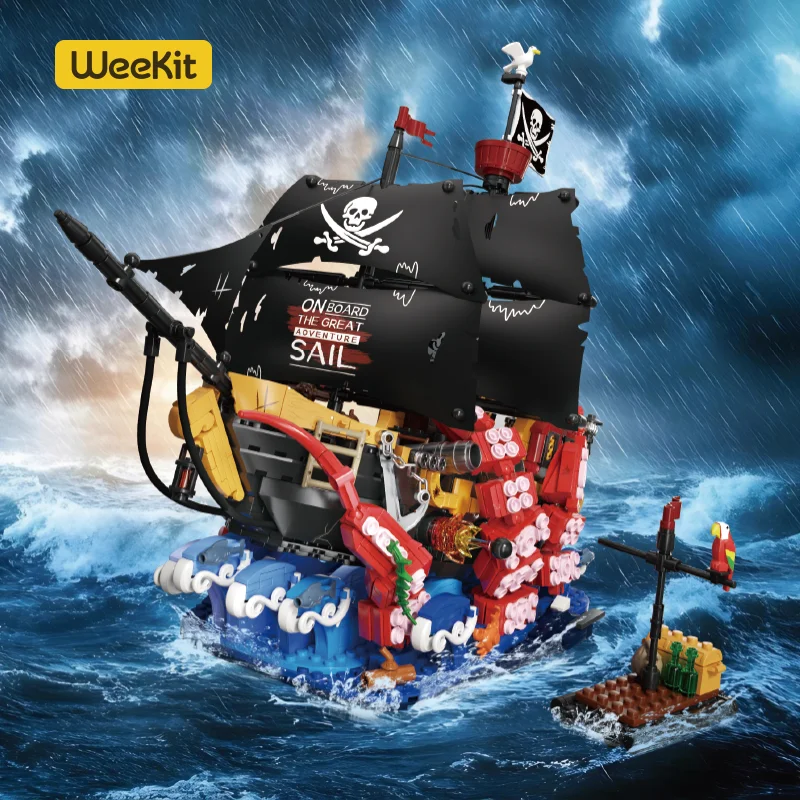 

Пиратский корабль Weekit, строительный блок «Храбрый лодка», в комплекте с фигурками пиратского экипажа, съемные паруса, креативный подарок для приключений для мальчиков
