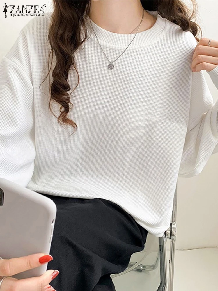 Women Basic Sweatshirts ZANZEA Fashion Waffled Patern Hoodies Holiday Street Long Sleeve Tops Casual Loose Round Neck Pullovers