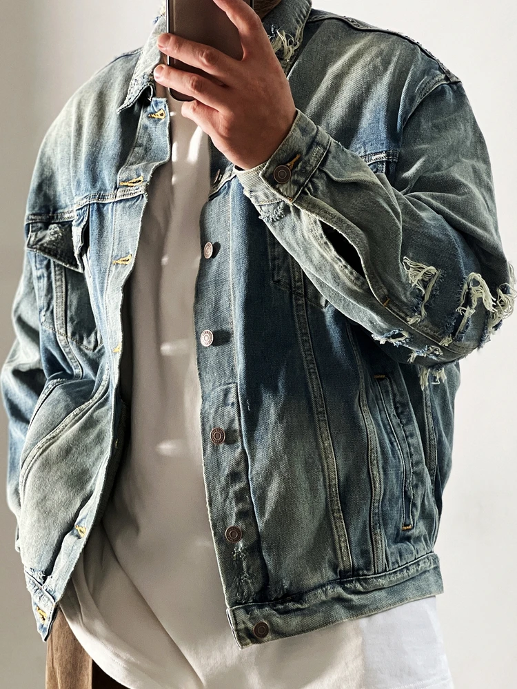 Vintage Distressed Patchwork Heavy Red Ear Denim Jacket Youth Vitality Style Cotton Long Sleeve Flip Collar Single Button - view 2
