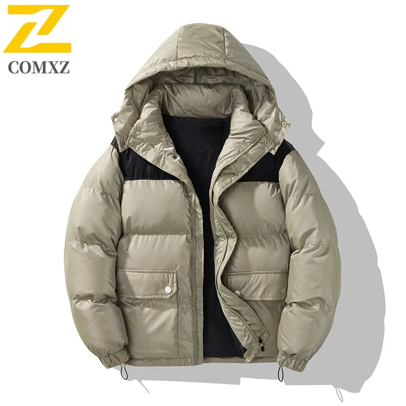 COMXZ 2025 Autumn Winter New Cotton Coat Men Winter Hooded Camping Windproof Outerwear Color Block Trendy Korean Style Jacket