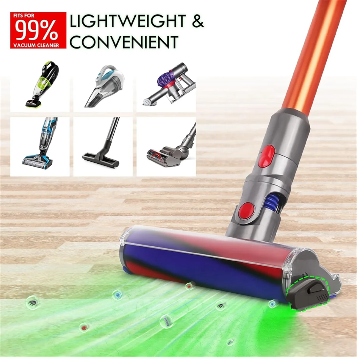 Affichage de la poussière de l'aspirateur, lampe LED, nettoyage de la poussière cachée, accessoires pour poils d'animaux, lumière verte