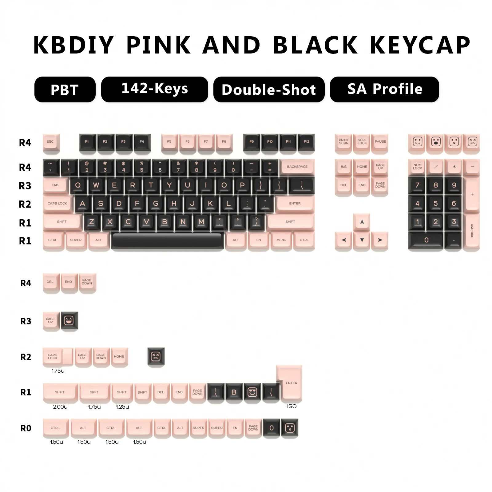 KBDiy 142 Keys/Set PBT Black and Pink Keycap Custom ISO SA Profile for Mechanical Keyboard Keycaps  Double Shot for MX switches