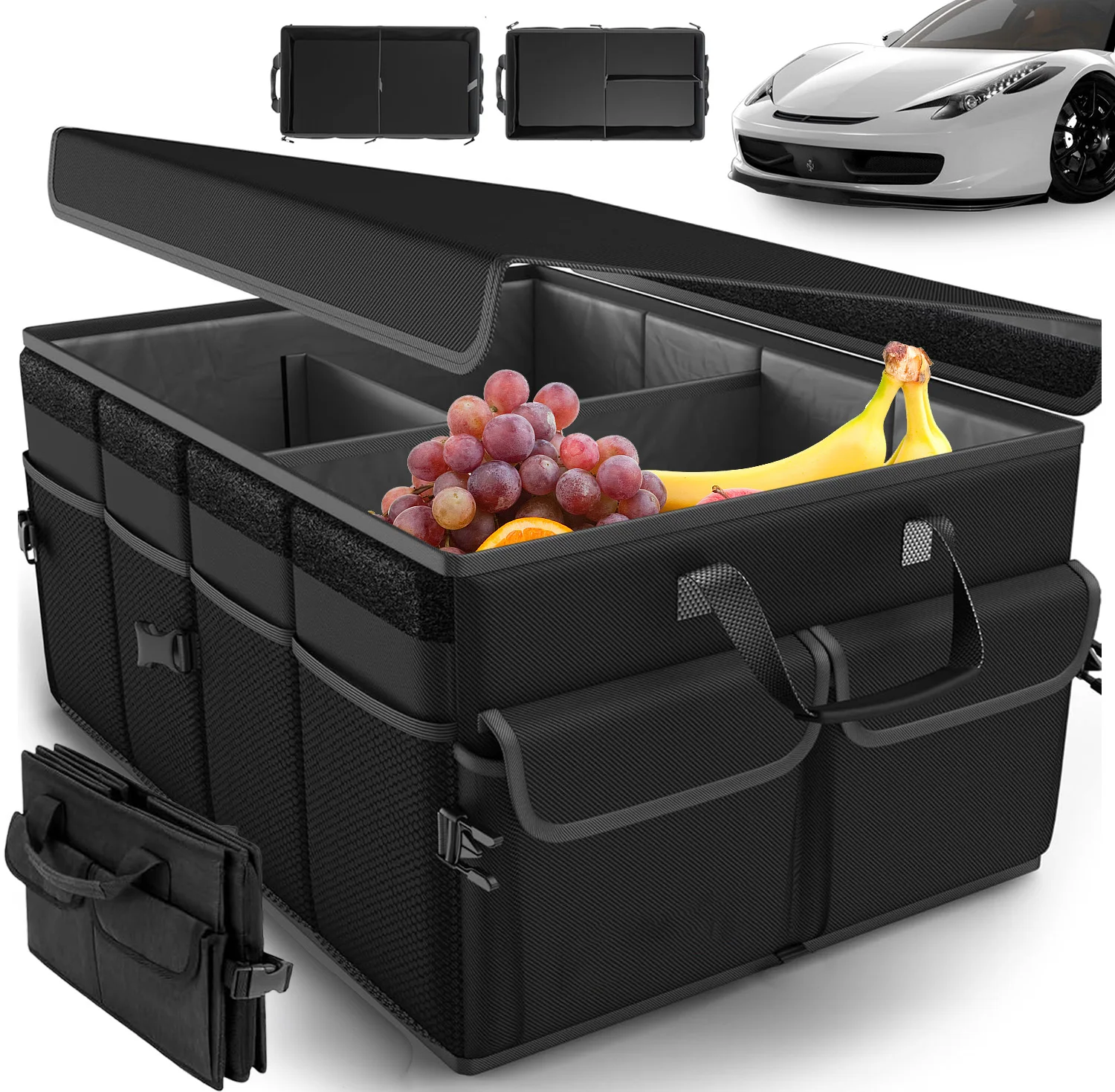 60*32*24cm Faltbare Kofferraumtasche 45L Oxford-Aufbewahrungsbox mit 3 Fächern, mehreren Taschen und Deckel für Kofferraum, Büro, Zuhause