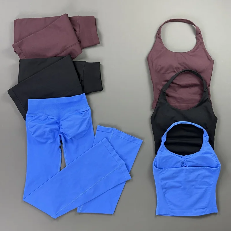 

2Pcs Women Seamless Yoga Set Breathable Halter Tank Top Hip Lifting Quick Dry Flared Leggings Gym Running Workout Sports Set