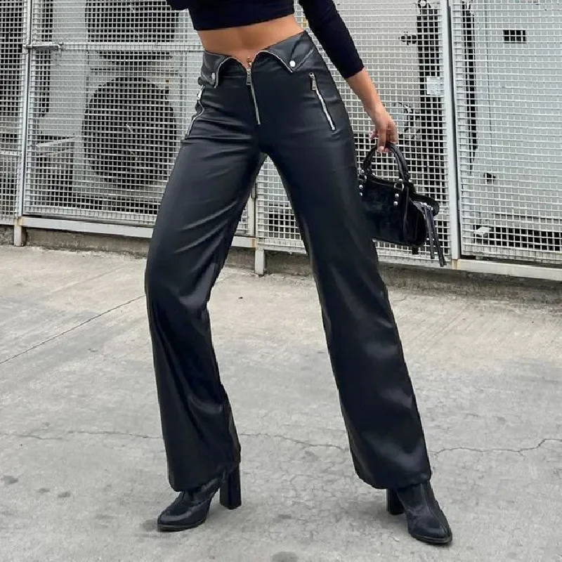 Candyhot PU Leather Zipper Slim Pants Y2K Casual Party Streetwear High-waist Straight Leg Pants 2024 Gothic Chic Women Trousers