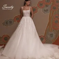 Vintage Wedding Dress Embroidered Lace On Net With Sequins Ball Gown A-line Train Square Collar Sleeveless Bride Dress Backless