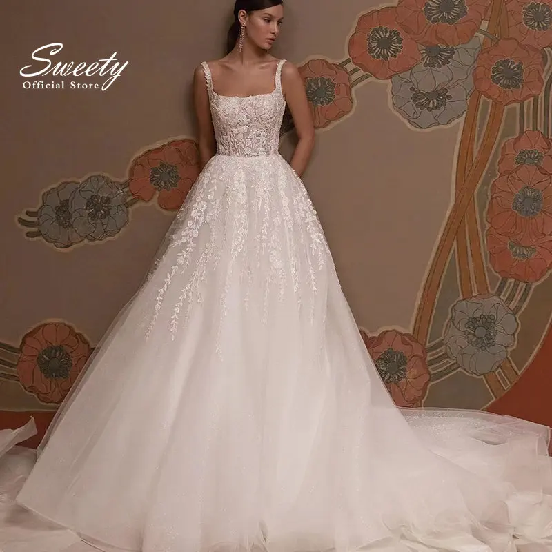 Vintage Wedding Dress Embroidered Lace On Net With Sequins Ball Gown A-Line Square Collar Sleeveless Customized Vestido De Novia