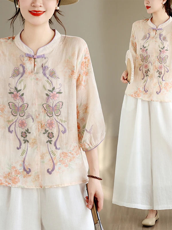 

Retro Artistic Printed Embroidered Short Sleeve Women's Shirt Summer Casual Loose Fit Breathable Comfortable Floral Patterned...