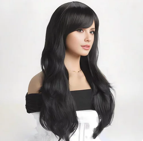 28-Inch Long, Black, Curly, Wavy Hair Wig with Bangs - High-Quality Synthetic Hair for Women