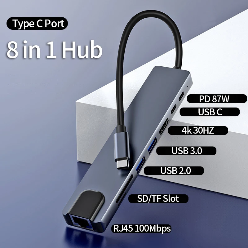 USB C HUB 8 in 1 Type C Adapter with 4K HDMI 87W PD C Port Docking Station RJ45 Compatible with MacBook Pro Air USB C Laptops