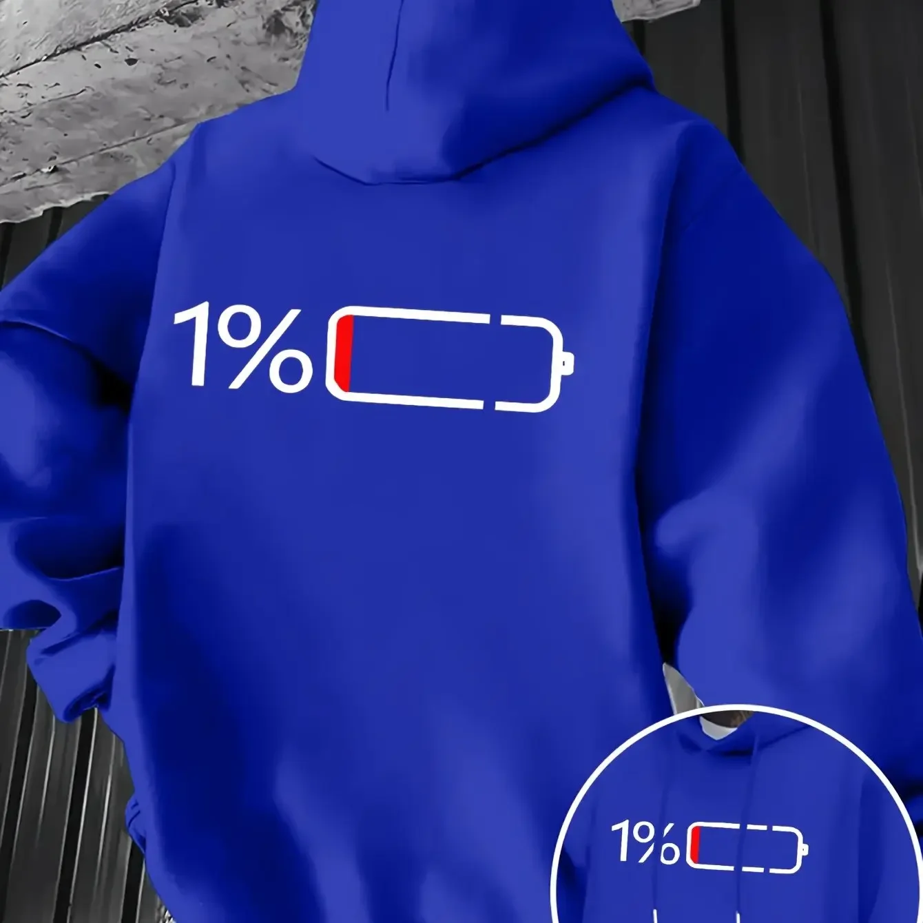 Street Humor Low Power 1% Battery Hoodie For Men Simple White Red Icon Print Soft Loose Daily Casual Sweatshirt