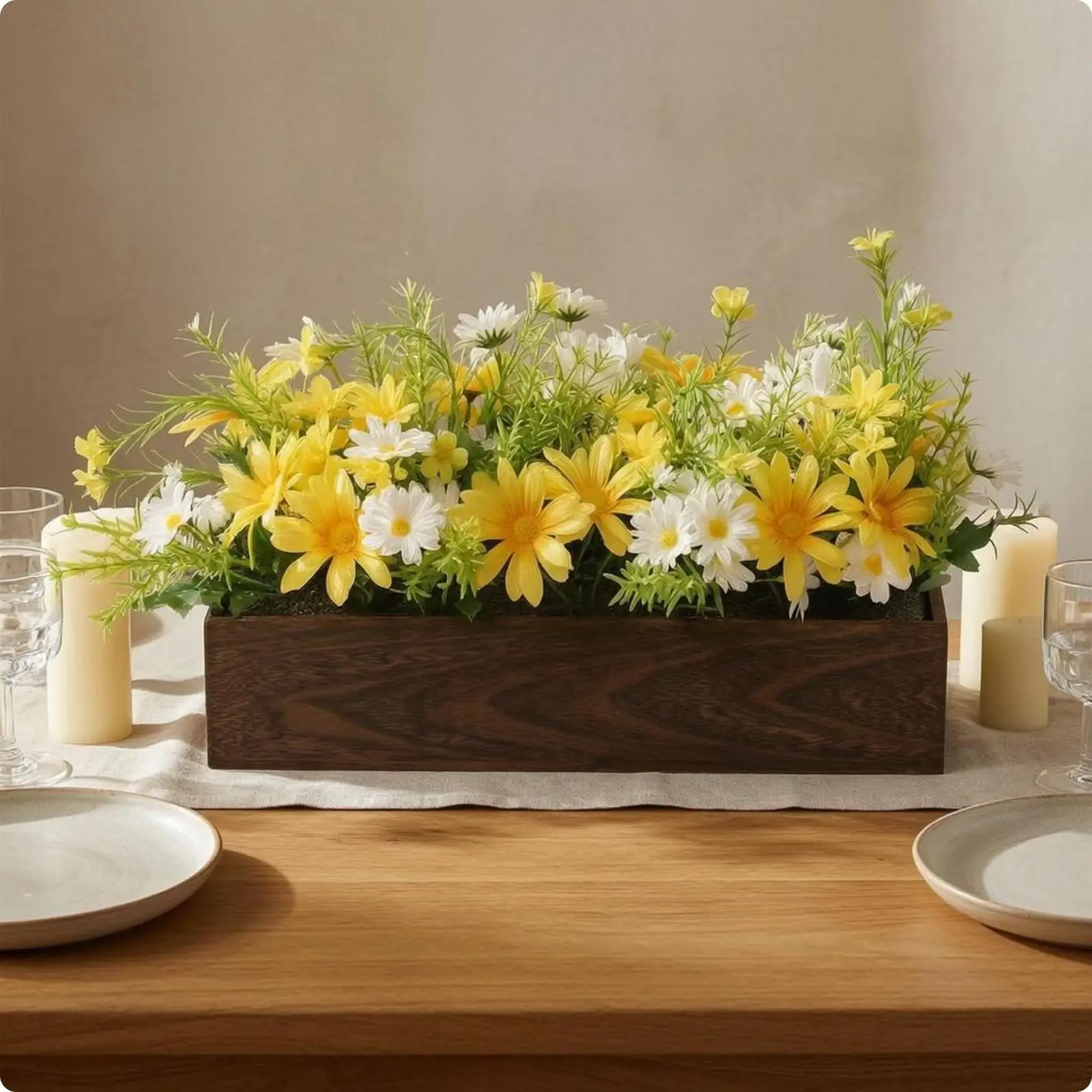 Wooden Daisy Table Decor Rectangular Faux Flower Arrangement Low Maintenance