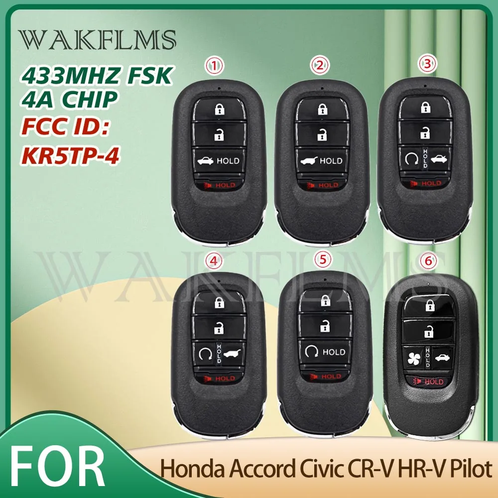 For Honda Accord CR-V HRV Pilot Civic 2022 2023 2024 433MHz 4AChip Smart Key Keyless Go 72147-3A0-A01 A3C0775510100 KR5TP-4