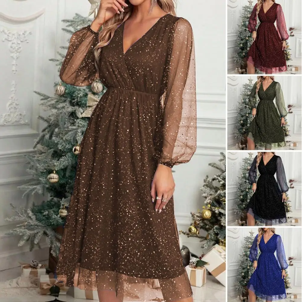 

Women Slim Fit Dress Elegant Double-layered Mesh Sleeve Party Dress with V Neck Slim Fit Women's Knee Length Shiny Pleated Prom