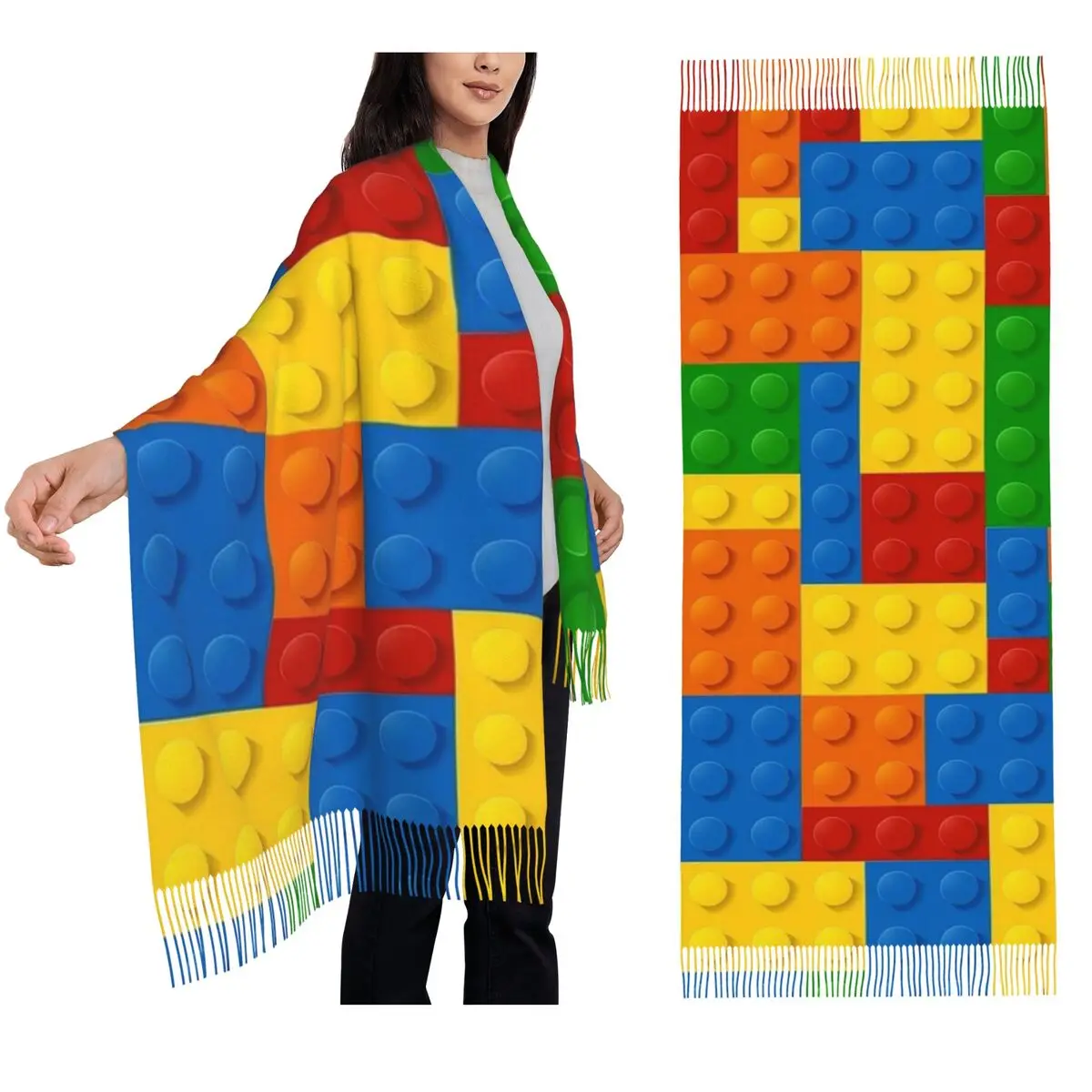 Colorful Bricks Design Scarf Tassel Scarves Women Soft Warm Shawls and Wraps Large Fall Winter Shawl Wrap