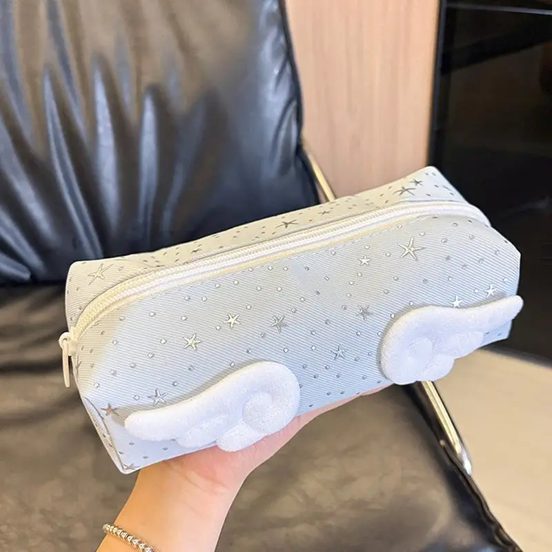 Cute Pencil Pouch With 3D Angel Wings And Glitter Star Print Perfect For Students School Daily Stationery Storage
