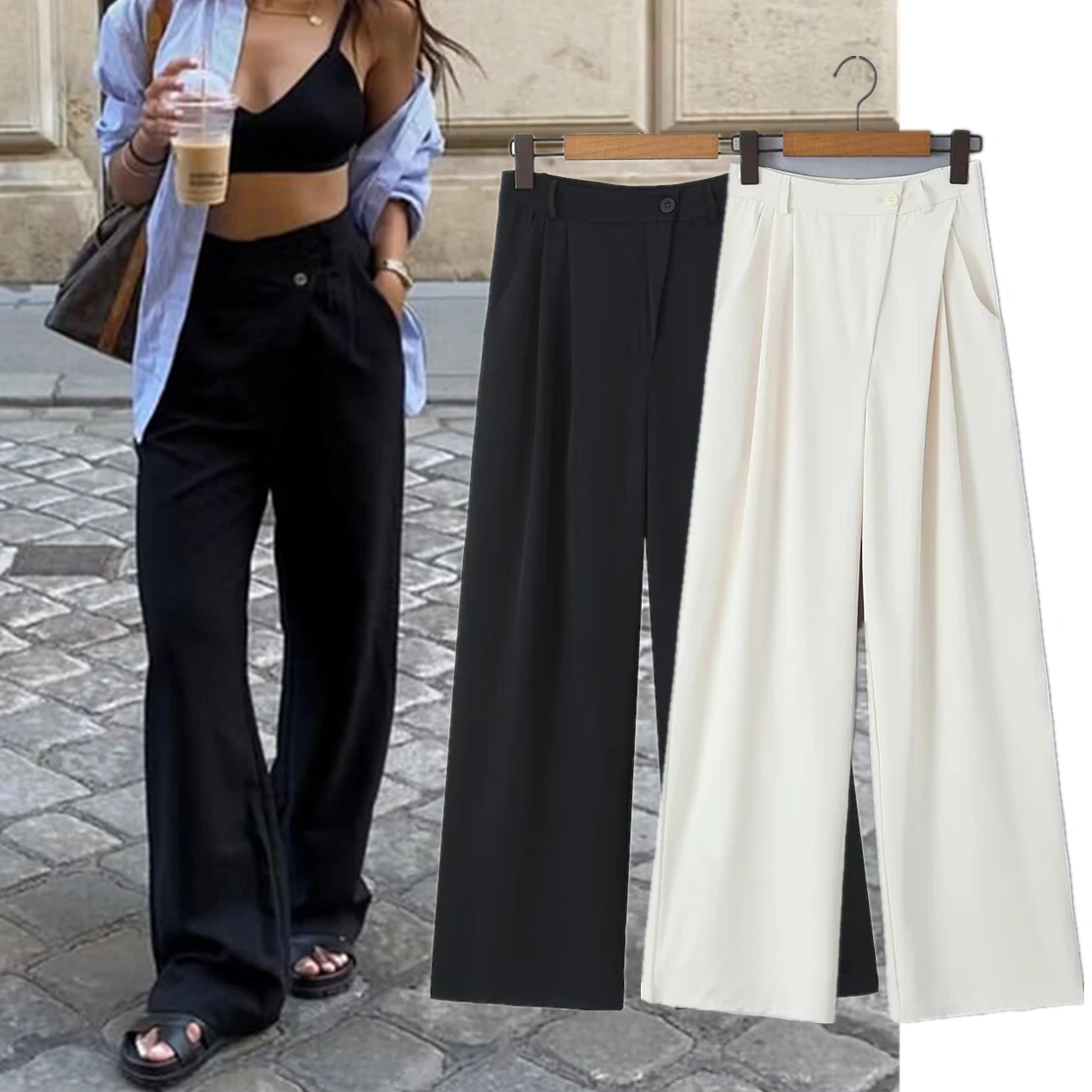 

Jenny&Dave Fashion Women's French Loose Suit Pants Solid Trousers Women High Waist Retro Asymmetric Casual Pants