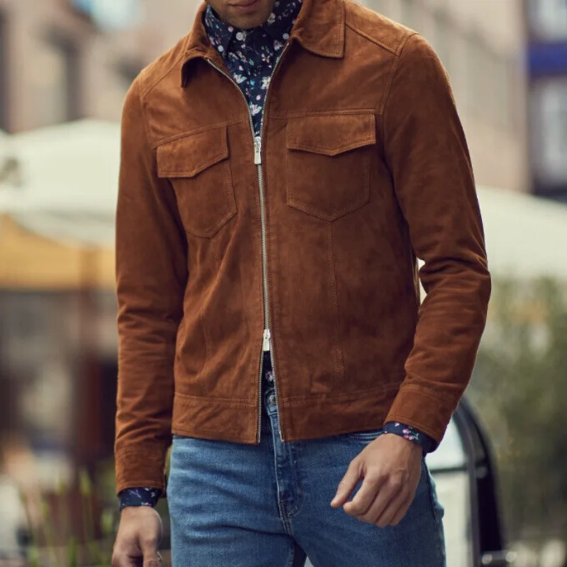 Fashion Trendy Men's Pure Suede Leather Jacket Biker TAN Premium Casual Outfit