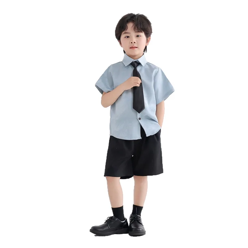 2Pcs 2026 Summer Toddler Boys Button Short Sleeve Shirt Loose Tie Suit + Shorts Pants Formal Gentleman Outfit 2 3 4 5 10 12 Year