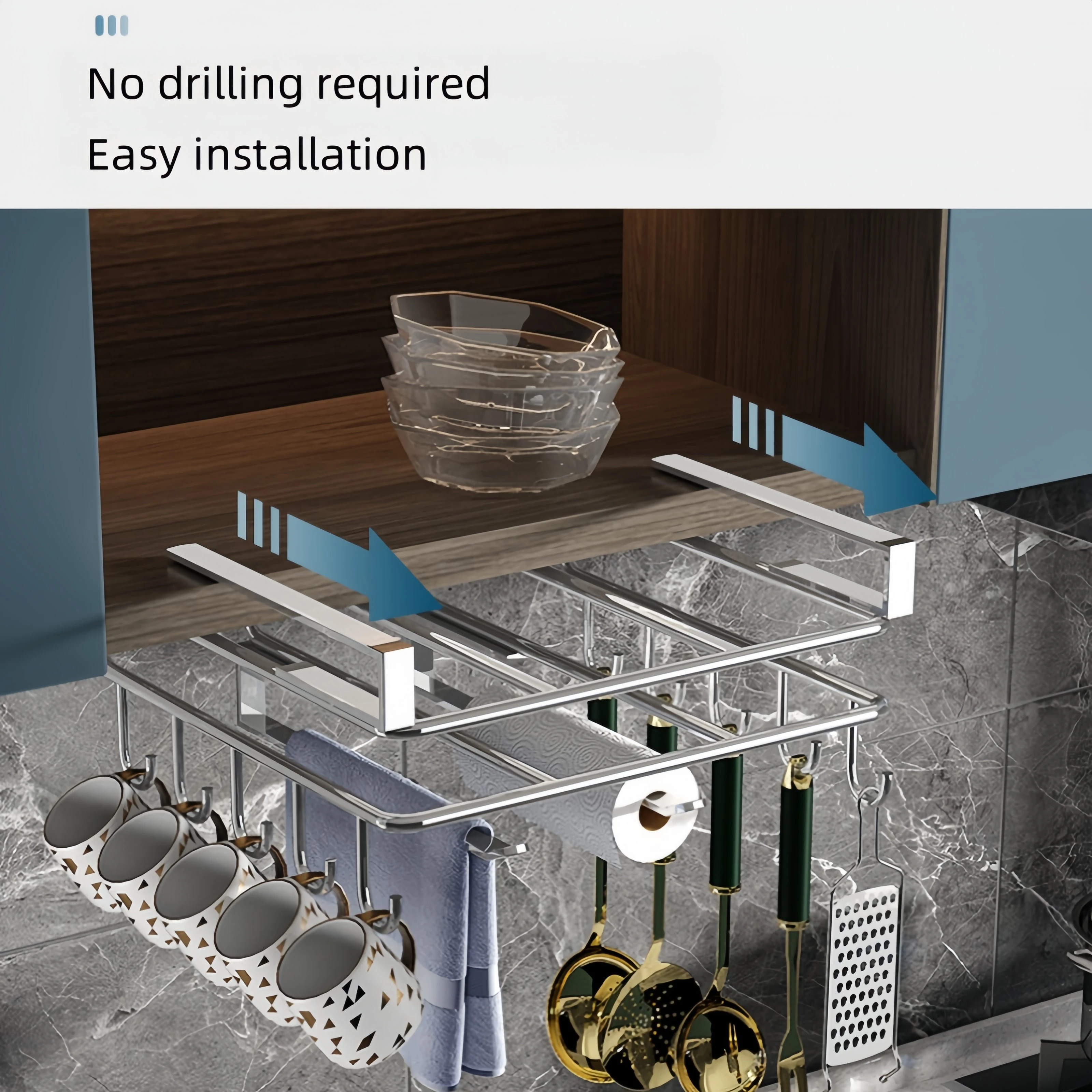 1 قطعة الفولاذ المقاوم للصدأ معلقة المطبخ تخزين الرف مع السنانير منشفة ورقية وحامل أواني قطع مجلس تخزين الرف