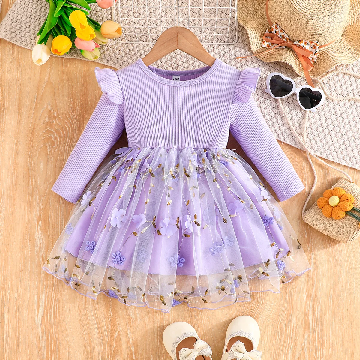 Winter 2024 Girls Dress Girls Long Sleeve Ruffles Flowers Bow Purple Cute Preepy Look Birthday Party Dresses Vestidos 6M-3T