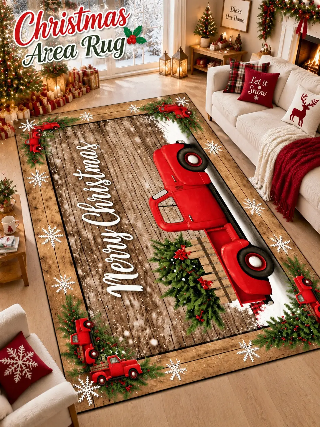Christmas Rug Pickup Truck Trees Greetings Living Room Bedroom Study Entryway Floor Carpet Gift for Parents Grandparents Friends Winter Thanksgiving Birthday Anniversary Housewarming Apartment Cabin Farmhouse Home Styling Sofa Side Reading Nook