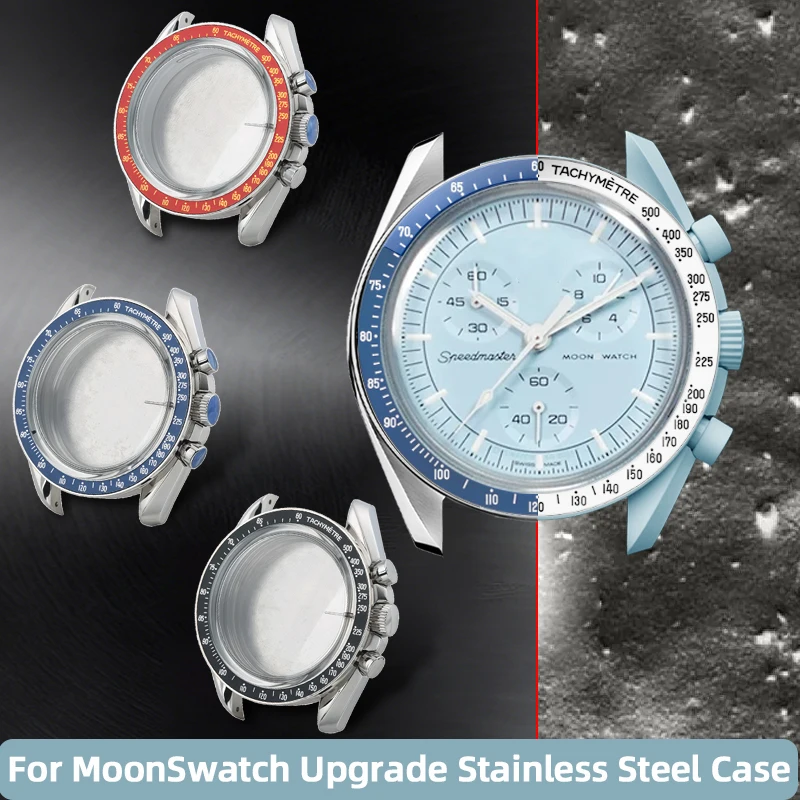 For swatch&omega moonswatch watch upgrade full metal silver case bezel Mod kit with steel back cover，waterproof gasket and tools