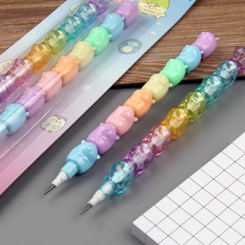 2Pcs Cartoon Animals HB Mechanical Pencils Detachable Building Block Pencil Gradient Colour Writing Stationery Kids Gift