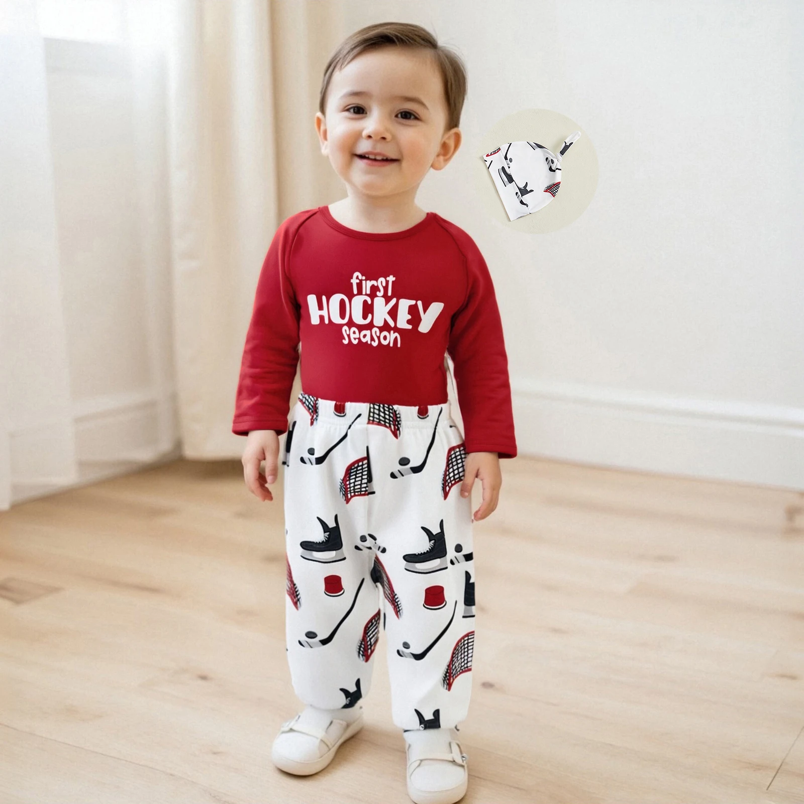 Baby Boy 3Pcs Pants Sets Long Sleeve Letter Print Romper Ice Hockey Print Pants Hat Outfit 0-18m