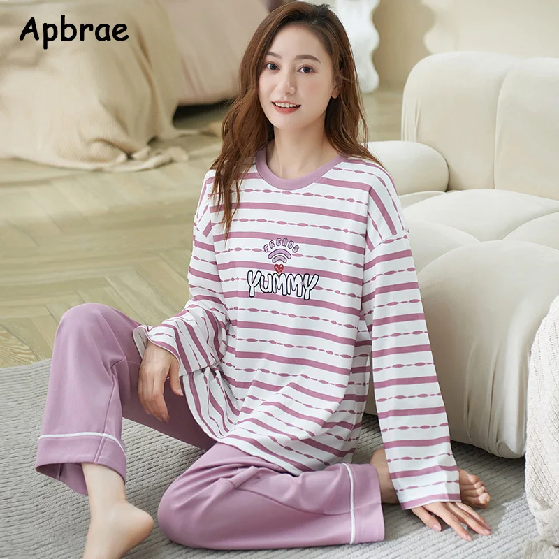 Autumn Long Sleeves Full Pants Cotton Pajamas for Women Leisure Leaf Print Sleepwear Fashion Nightwear Girls Homewear