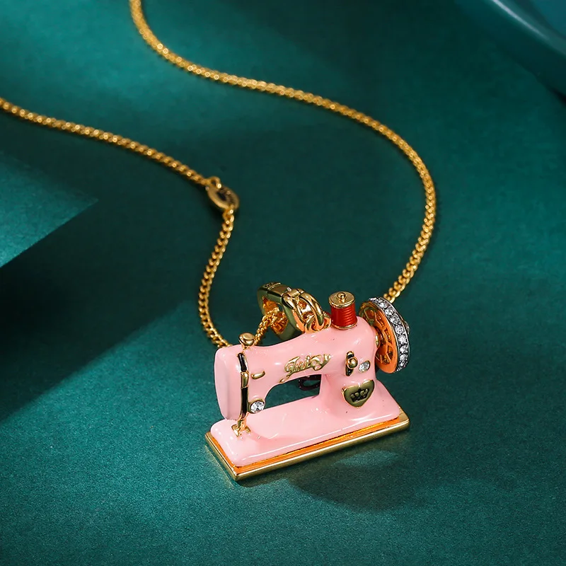 Cute Pink Enamel Sewing Machine Pendant Necklace Heart Crown Sweet Chic Fashion Jewelry Accessories Jewelry Gift for Women