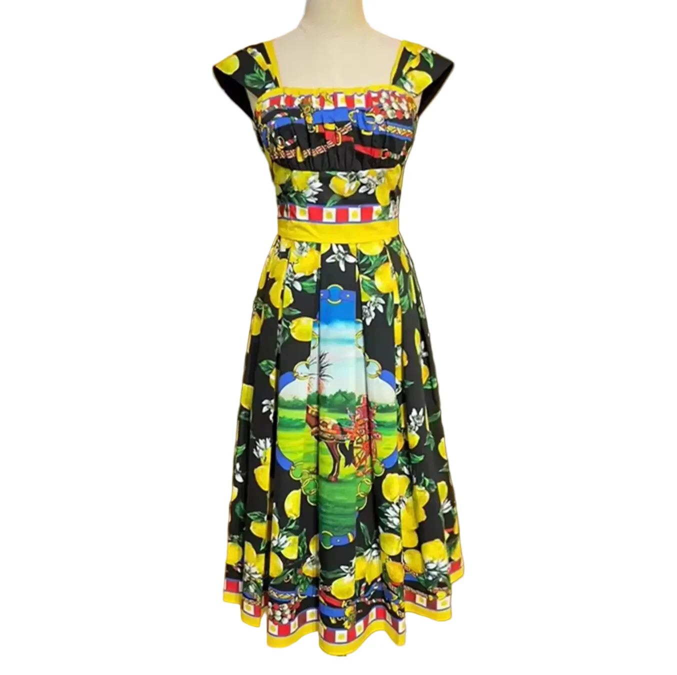 Summer Women Lemon Floral Midi Dress Cotton Beach Dress Elegant Casual Vacation Resort Sundress Holiday Outfit