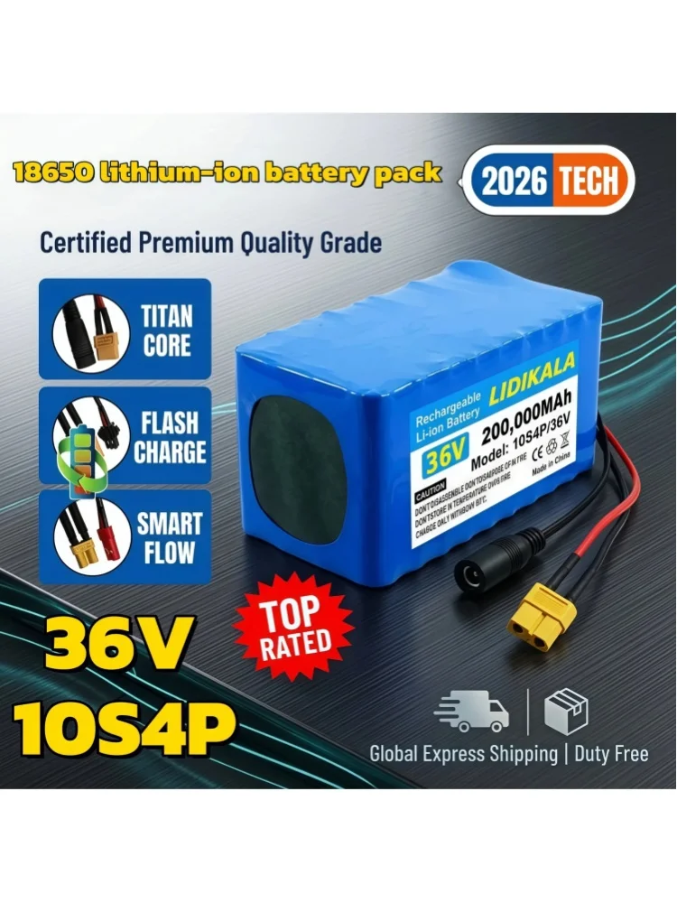 36V 200000mAh 10S4P 18650 Lithium-Ionen-Akku, wiederaufladbarer Li-Ionen-Akku mit XT60- und DC-Anschluss, Hochleistungsakku für Elektroroller und E-Bikes