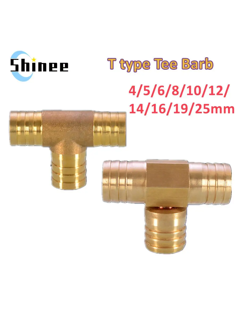 Raccord de tuyau cannelé en laiton, type T, connecteur à 3 voies, raccords de tube Wildoda en cuivre, tuyau de 4mm, 5mm, 6mm, 8mm, 10mm, 12mm, 14mm, 16mm, 19mm, 1PC