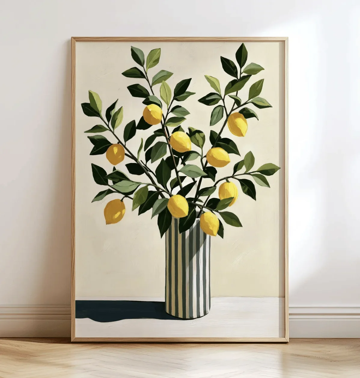 1pc frameless Canvas Painting Neutral Lemon Still Life Canvas Wall Art Prints Decor, Striped Vase Plant Poster for Kitchen Dinin